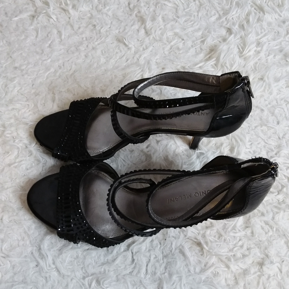 Antonio Melani black crystal embellished strappy heels size 9M - Picture 2 of 10